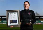 26 January 2022; Kylie Murphy of Wexford Youths with her SWI Women's Personality of the Year award during the SSE Airtricity / SWI Personality of the Year Awards 2021 at Tallaght Stadium in Dublin. Photo by Piaras Ó Mídheach/Sportsfile