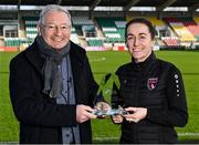 26 January 2022; SWI president Tony O'Donoghue presents Kylie Murphy of Wexford Youths with her SWI Women's Personality of the Year award during the SSE Airtricity / SWI Personality of the Year Awards 2021 at Tallaght Stadium in Dublin. Photo by Piaras Ó Mídheach/Sportsfile