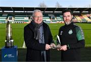 26 January 2022; SWI president Tony O'Donoghue presents Shamrock Rovers manager Stephen Bradley with his Airtricity SWAI Personality of the Year Award during the SSE Airtricity / SWI Personality of the Year Awards 2021 at Tallaght Stadium in Dublin. Photo by Piaras Ó Mídheach/Sportsfile