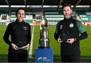 26 January 2022; Kylie Murphy of Wexford Youths with her SWI Women's Personality of the Year award and Shamrock Rovers manager Stephen Bradley with his Airtricity SWAI Personality of the Year Award during the SSE Airtricity / SWI Personality of the Year Awards 2021 at Tallaght Stadium in Dublin. Photo by Piaras Ó Mídheach/Sportsfile