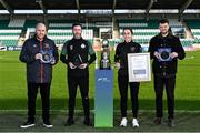 26 January 2022; Winners, from left, Gavin McLaughlin of Dundalk with his Website of the Year award, Shamrock Rovers manager Stephen Bradley with his Airtricity SWAI Personality of the Year Award, Kylie Murphy of Wexford Youths with her SWI Women's Personality of the Year award and Gavin White of Shelbourne with his Press Officer of the Year award during the SSE Airtricity / SWI Personality of the Year Awards 2021 at Tallaght Stadium in Dublin. Photo by Piaras Ó Mídheach/Sportsfile
