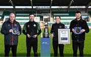 26 January 2022; Winners, from left, Gavin McLaughlin of Dundalk with his Website of the Year award, Shamrock Rovers manager Stephen Bradley with his Airtricity SWAI Personality of the Year Award, Kylie Murphy of Wexford Youths with her SWI Women's Personality of the Year award and Gavin White of Shelbourne with his Press Officer of the Year award during the SSE Airtricity / SWI Personality of the Year Awards 2021 at Tallaght Stadium in Dublin. Photo by Piaras Ó Mídheach/Sportsfile