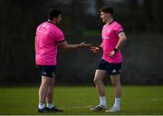24 January 2022; Thomas Clarkson, left, and Cormac Foley play rock, paper, scissors during Leinster Rugby squad training at UCD in Dublin. Photo by Harry Murphy/Sportsfile