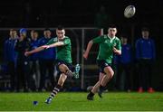 24 January 2022; Peter Burgess of South East kicks a penalty in the last play of the game to draw the match during the Bank of Ireland Leinster Rugby Shane Horgan Cup Round 5 match between South East and North Midlands at IT Carlow Sports Campus in Carlow. Photo by Harry Murphy/Sportsfile