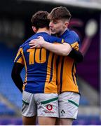 25 January 2022; Tom Wheeler of Wilsons Hospital, left, celebrates with team-mate Nathan Pratt during the Bank of Ireland Vinnie Murray Cup 1st Round match between St Fintans High School, Dublin and Wilsons Hospital, Westmeath at Energia Park in Dublin. Photo by Ben McShane/Sportsfile