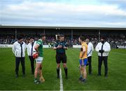 23 January 2022; The Limerick, Barry Nash, and Clare, Jack Browne, captains with referee Conor Doyle before the 2022 Co-op Superstores Munster Hurling Cup Final match between Limerick and Clare at Cusack Park in Ennis, Clare. Photo by Ray McManus/Sportsfile