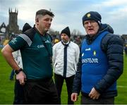 23 January 2022; Referee Conor Doyle in conversation with Clare manager Brian Lohan before the 2022 Co-op Superstores Munster Hurling Cup Final match between Limerick and Clare at Cusack Park in Ennis, Clare. Photo by Ray McManus/Sportsfile