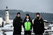 24 January 2022; Team Ireland has officially selected the team that will compete in the Winter Olympic Games in Beijing from the 4 – 20 February. The six athletes who are set to compete are two-time Olympian Seamus O’Connor in the Snowboard Halfpipe, Pyeongchang Olympians Tess Arbez in Alpine Skiing, Thomas Maloney Westgaard in Cross Country Skiing and Brendan ‘Bubba’ Newby in Freestyle Skiing, as well as first time Olympians Elsa Desmond, who competes in the Luge and Jack Gower, who competes in Alpine Skiing. The Team Ireland Beijing 2022 announcement is brought in association with Proud Partner to Team Ireland, Deloitte. Pictured at the squad training base in Innsbruck, Austria, are, from left, Seamus O'Connor, coach Ian Burson and Brendan ‘Bubba’ Newby. Photo by David Fitzgerald/Sportsfile