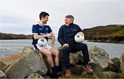 26 January 2022; The Allianz Football League was officially launched today. This is the 30th season that Allianz has sponsored the Allianz Leagues, making it one of the longest sponsorships in Irish sport. Pictured at the launch at Kilcar GAA Club is Donegal footballer Ryan McHugh, left, and his father and former Donegal footballer Martin McHugh who played in the first year of the Allianz sponsorship. Photo by Sam Barnes/Sportsfile