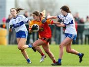 22 January 2022; Danielle Caldwell of Castlebar Mitchels in action against Amy Curtin, right, and Eda Mangan of Castleisland Desmonds during the 2021 currentaccount.ie All-Ireland Ladies Intermediate Club Football Championship Semi-Final match between Castlebar Mitchels, Mayo and Castleisland Desmonds, Kerry at Páirc Josie Munnelly in Castlebar, Mayo. Photo by Michael P Ryan/Sportsfile