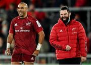 23 January 2022; Munster players Simon Zebo and Kevin O'Byrne, right, celebrate after their side's victory in the Heineken Champions Cup Pool B match between Munster and Wasps at Thomond Park in Limerick. Photo by Piaras Ó Mídheach/Sportsfile