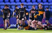 26 January 2022; Jordan Edeh Awunah of The Kings Hospital celebrates after scoring his side's fifth try during the Bank of Ireland Vinnie Murray Cup 1st Round match between The Kings Hospital, Dublin and St Patricks Classical School, Navan at Energia Park in Dublin. Photo by Ben McShane/Sportsfile