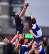 26 January 2022; Calum Sweeney of Temple Carrig wins possession in the lineout against Charlie Beck of St Andrews College during the Bank of Ireland Vinnie Murray Cup 1st Round match between Temple Carrig, Wicklow and St Andrews College, Dublin at Energia Park in Dublin. Photo by Ben McShane/Sportsfile