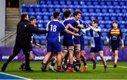 26 January 2022; Charlie Beck of St Andrews College, second from right, celebrates with teammates after scoring his side's first try during the Bank of Ireland Vinnie Murray Cup 1st Round match between Temple Carrig, Wicklow and St Andrews College, Dublin at Energia Park in Dublin. Photo by Ben McShane/Sportsfile