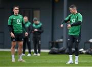 26 January 2022; Jonathan Sexton, right, and James Hume during Ireland Rugby squad training at IRFU HPC at the Sport Ireland Campus in Dublin. Photo by Brendan Moran/Sportsfile
