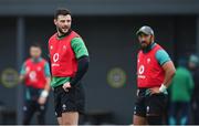 26 January 2022; Robbie Henshaw, left, and Bundee Aki during Ireland Rugby squad training at IRFU HPC at the Sport Ireland Campus in Dublin. Photo by Brendan Moran/Sportsfile
