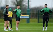 26 January 2022; James Hume, second from left, in conversation with teammates Garry Ringrose and Jonathan Sexton during Ireland Rugby squad training at IRFU HPC at the Sport Ireland Campus in Dublin. Photo by Brendan Moran/Sportsfile