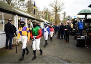27 January 2022; Jockeys make their way to the parade ring before Connolly`s RED MILLS Irish EBF Ladies Auction Maiden Hurdle at Gowran Park in Kilkenny. Photo by Harry Murphy/Sportsfile