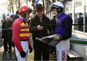 27 January 2022; Trainer Willie Mullins, centre, speaks with jockeys Paul Townend and Danny Mullins before the John Mulhern Galmoy Hurdle at Gowran Park in Kilkenny. Photo by Harry Murphy/Sportsfile