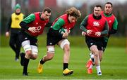 26 January 2022; Cian Prendergast, supported by teammates Tadhg Beirne, left, Dave Kilcoyne and Rob Herring during Ireland Rugby squad training at IRFU HPC at the Sport Ireland Campus in Dublin. Photo by Brendan Moran/Sportsfile