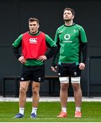 26 January 2022; Jordan Larmour, left, and Iain Henderson during Ireland Rugby squad training at IRFU HPC at the Sport Ireland Campus in Dublin. Photo by Brendan Moran/Sportsfile
