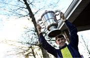27 January 2022; Jockey Darragh O'Keeffe with the trophy after riding Longhouse Poet to win the Goffs Thyestes Handicap Steeplechase at Gowran Park in Kilkenny. Photo by Harry Murphy/Sportsfile