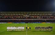 28 January 2022; Both teams stand for a minute's silence before the United Rugby Championship match between Ulster and Scarlets at the Kingspan Stadium in Belfast. Photo by Ramsey Cardy/Sportsfile