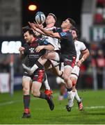 28 January 2022; Dane Blacker of Scarlets in action against Craig Gilroy of Ulster during the United Rugby Championship match between Ulster and Scarlets at Kingspan Stadium in Belfast. Photo by David Fitzgerald/Sportsfile