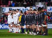 28 January 2022; Players from both sides observe a minute's silence in memory of the late Ulster supporter Jon O'Hara before the United Rugby Championship match between Ulster and Scarlets at Kingspan Stadium in Belfast. Photo by David Fitzgerald/Sportsfile