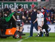 28 January 2022; Marty Moore of Ulster leaves the pitch for a head injury assessment during the United Rugby Championship match between Ulster and Scarlets at Kingspan Stadium in Belfast. Photo by David Fitzgerald/Sportsfile