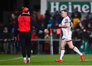 28 January 2022; Craig Gilroy of Ulster leaves the field after receiving a yellow card during the United Rugby Championship match between Ulster and Scarlets at Kingspan Stadium in Belfast. Photo by David Fitzgerald/Sportsfile