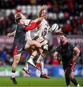 28 January 2022; Steff Evans of Scarlets in action against Rob Lyttle, left, and Marcus Rea of Ulster during the United Rugby Championship match between Ulster and Scarlets at Kingspan Stadium in Belfast. Photo by David Fitzgerald/Sportsfile