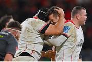 28 January 2022; Gareth Milasinovich, left, celebrates with Ulster teammate Billy Burns after scoring their side's third try during the United Rugby Championship match between Ulster and Scarlets at the Kingspan Stadium in Belfast. Photo by Ramsey Cardy/Sportsfile