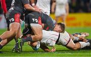 28 January 2022; Gareth Milasinovich of Ulster goes over to score his side's third try during the United Rugby Championship match between Ulster and Scarlets at the Kingspan Stadium in Belfast. Photo by Ramsey Cardy/Sportsfile