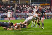 28 January 2022; Craig Gilroy of Ulster dives over to score his side's fourth try during the United Rugby Championship match between Ulster and Scarlets at the Kingspan Stadium in Belfast. Photo by Ramsey Cardy/Sportsfile