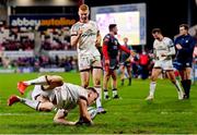 28 January 2022; Craig Gilroy of Ulster after scoring his side's fourth try during the United Rugby Championship match between Ulster and Scarlets at the Kingspan Stadium in Belfast. Photo by Ramsey Cardy/Sportsfile