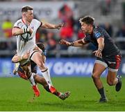 28 January 2022; Craig Gilroy of Ulster is tackled by Steff Hughes of Scarlets during the United Rugby Championship match between Ulster and Scarlets at the Kingspan Stadium in Belfast. Photo by Ramsey Cardy/Sportsfile