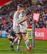 28 January 2022; Craig Gilroy, right, celebrates with Ulster teammate Nathan Doak after scoring their side's fourth try during the United Rugby Championship match between Ulster and Scarlets at the Kingspan Stadium in Belfast. Photo by Ramsey Cardy/Sportsfile