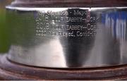 29 January 2022; A general view of names of some previous winners on the Dolores Tyrrell Memorial Cup, showing no winners for 2020 due to COVID-19, before the 2021 currentaccount.ie All-Ireland Ladies Senior Club Football Championship Final match between Mourneabbey and Kilkerrin-Clonberne at St Brendan's Park in Birr, Offaly. Photo by Piaras Ó Mídheach/Sportsfile