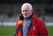 29 January 2022; Kilkerrin-Clonberne manager Willie Ward is interviewed before the 2021 currentaccount.ie All-Ireland Ladies Senior Club Football Championship Final match between Mourneabbey and Kilkerrin-Clonberne at St Brendan's Park in Birr, Offaly.