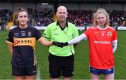 29 January 2022; Referee Kevin Phelan with team captains Bríd O'Sullivan of Mourneabbey and Louise Ward of Kilkerrin-Clonberne before the 2021 currentaccount.ie All-Ireland Ladies Senior Club Football Championship Final match between Mourneabbey and Kilkerrin-Clonberne at St Brendan's Park in Birr, Offaly. Photo by Piaras Ó Mídheach/Sportsfile
