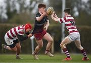 29 January 2022; Ben McMahon of Portarlington in action against Fionn Hickey, left, and Adam Deay of Tullow during the Bank of Ireland Leinster Rugby Under-18 Tom D’Arcy Cup First Round match between Portarlington RFC and Tullow RFC, Carlow at Portarlington RFC in Portarlington, Laois. Photo by Sam Barnes/Sportsfile