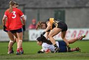 29 January 2022; Kilkerrin-Clonberne goalkeeper Lisa Murphy is tackled by Bríd O'Sullivan of Mourneabbey during the 2021 currentaccount.ie All-Ireland Ladies Senior Club Football Championship Final match between Mourneabbey and Kilkerrin-Clonberne at St Brendan's Park in Birr, Offaly. Photo by Piaras Ó Mídheach/Sportsfile