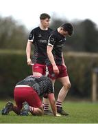 29 January 2022; Portarlington players, including Ross Houlihan, right, dejected after their side's defeat in the Bank of Ireland Leinster Rugby Under-18 Tom D’Arcy Cup First Round match between Portarlington RFC and Tullow RFC, Carlow at Portarlington RFC in Portarlington, Laois. Photo by Sam Barnes/Sportsfile