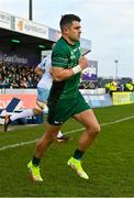 29 January 2022; Tiernan O'Halloran of Connacht makes his way onto the pitch to make his 200th club appearance before the United Rugby Championship match between Connacht and Glasgow Warriors at the Sportsground in Galway. Photo by Seb Daly/Sportsfile