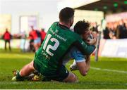 29 January 2022; Rufus McLean of Glasgow Warriors dives over to score his side's third try, despite the tackle of Connacht's Sammy Arnold, during the United Rugby Championship match between Connacht and Glasgow Warriors at the Sportsground in Galway. Photo by Seb Daly/Sportsfile