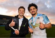 29 January 2022; George Horne, left, and Sione Tuipulotu of Glasgow Warriors after their side's victory in the United Rugby Championship match between Connacht and Glasgow Warriors at the Sportsground in Galway. Photo by Seb Daly/Sportsfile
