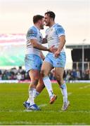 29 January 2022; Ollie Smith, left, and Rufus McLean of Glasgow Warriors celebrate during the United Rugby Championship match between Connacht and Glasgow Warriors at the Sportsground in Galway. Photo by Seb Daly/Sportsfile