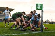 29 January 2022; Oran McNulty of Connacht is forced into touch by Glasgow Warriors players during the United Rugby Championship match between Connacht and Glasgow Warriors at the Sportsground in Galway. Photo by Seb Daly/Sportsfile