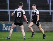 29 January 2022; Aaron Branagan, right and Ceilum Docherty of Kilcoo celebrate a late score during extra time in the AIB GAA Football All-Ireland Senior Club Championship Semi-Final match between St Finbarr's, Cork, and Kilcoo, Down, at MW Hire O'Moore Park in Portlaoise, Laois. Photo by Brendan Moran/Sportsfile
